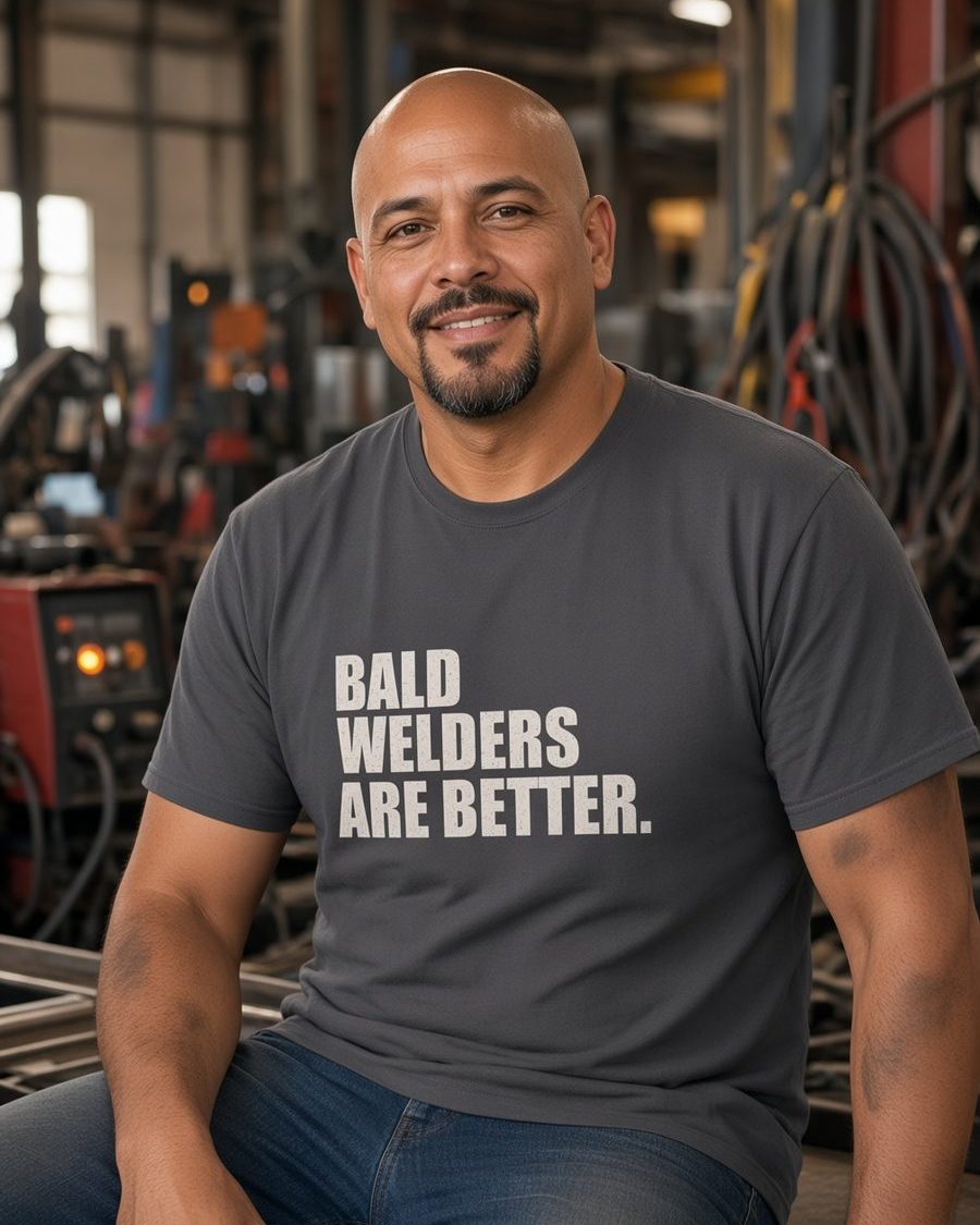 Bald Welders Are Better T-Shirt — Charcoal front lifestyle photo