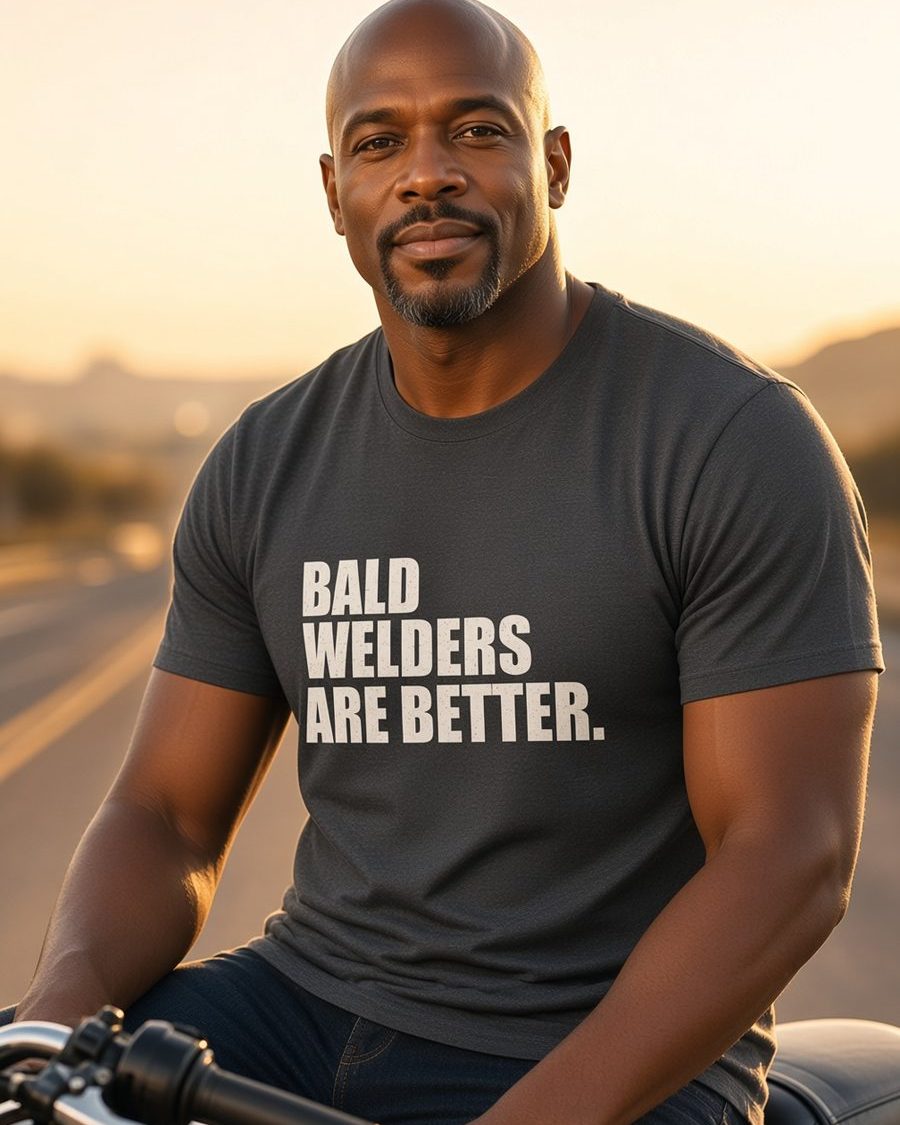 Bald Welders Are Better T-Shirt — Dark Heather front lifestyle photo