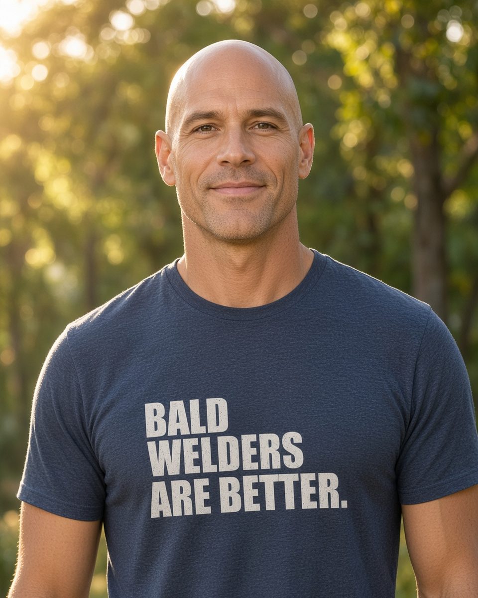 Bald Welders Are Better T-Shirt — Heather Navy front lifestyle photo