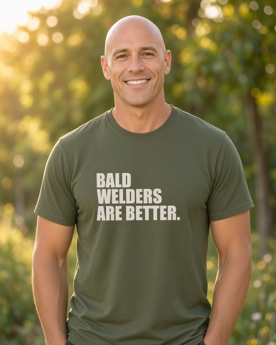Bald Welders Are Better T-Shirt — Military Green front lifestyle photo