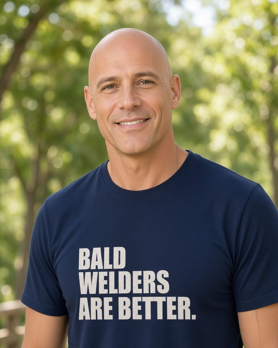 Bald Welders Are Better T-Shirt — Navy front lifestyle photo