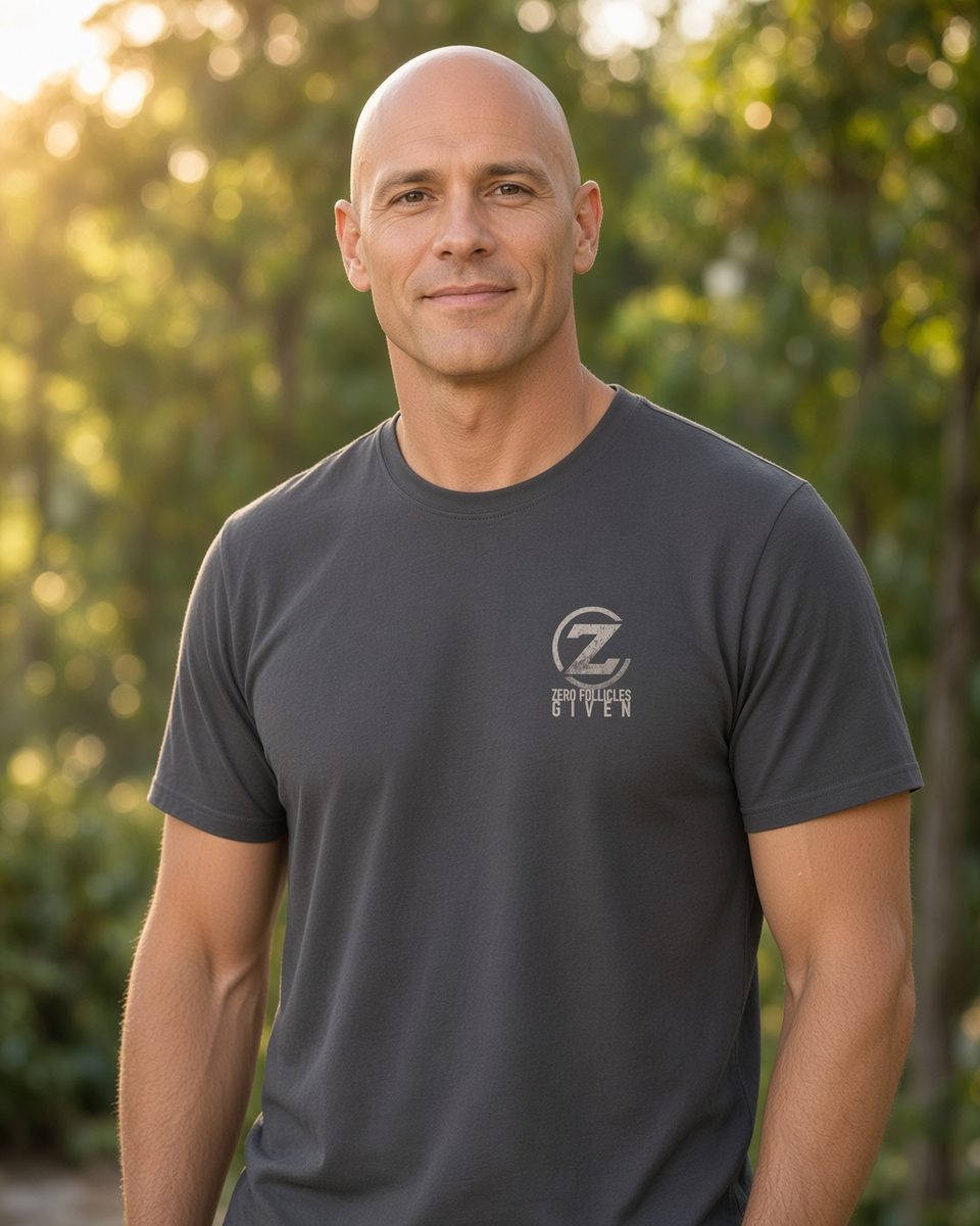 Zero Follicles Given Horizon Seal Tee — Charcoal front lifestyle photo