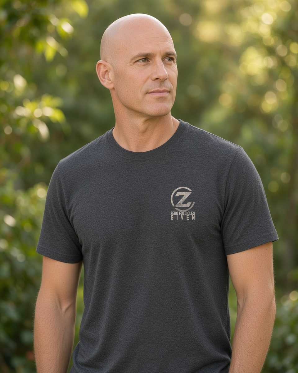 Zero Follicles Given Horizon Seal Tee — Dark Heather front lifestyle photo