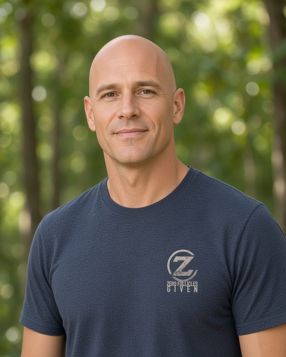 Zero Follicles Given Horizon Seal Tee — Heather Navy front lifestyle photo